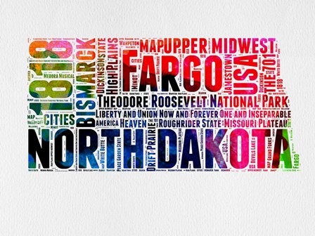 North Dakota Watercolor Word Cloud by Naxart art print