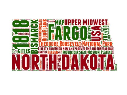 North Dakota Word Cloud Map by Naxart art print