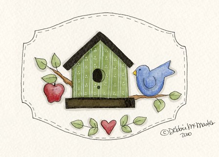 Green Birdhouse With Bird by Debbie McMaster art print
