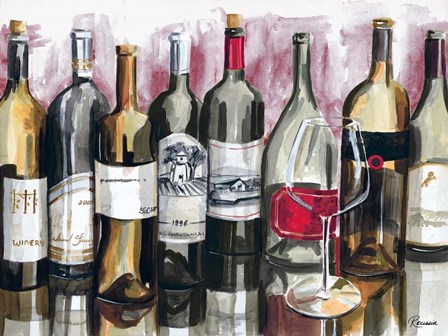 Bottles Reflect on Red I by Heather A. French-Roussia art print