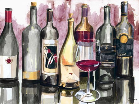 Bottles Reflect on Red II by Heather A. French-Roussia art print