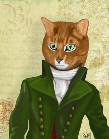 Ginger Cat in Green Coat by Fab Funky art print