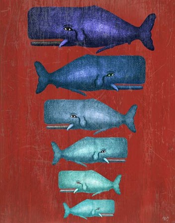 Whale Family Blue on Red by Fab Funky art print