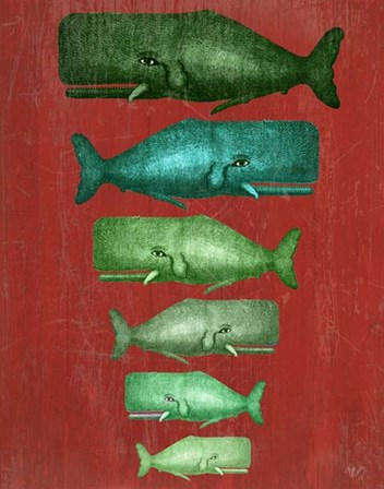 Whale Family Green on Red by Fab Funky art print