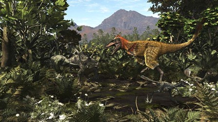A Protofeathered Lythronax comes upon a Pair of Diabloceratops by Arthur Dorety/Stocktrek Images art print