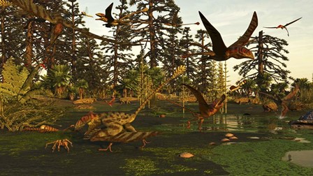 Eudimorphodon And Peteinosaurus Pterosaurs In A Swampy Triassic Scene by Arthur Dorety/Stocktrek Images art print