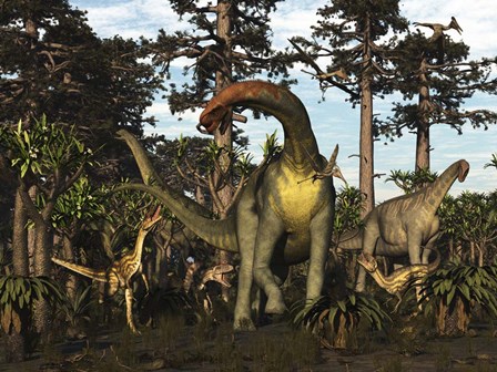 Jobaria Dinosaur Is Menaced By Afrovenators In Jurassic North Africa by Arthur Dorety/Stocktrek Images art print