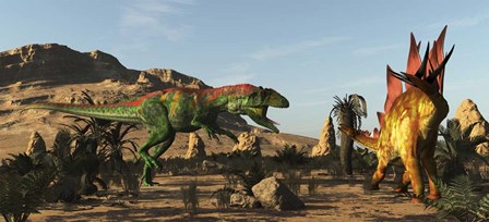 A Saurophaganax Dinosaur Attacks A Stegosaurus by Arthur Dorety/Stocktrek Images art print