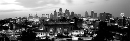 Union Station at sunset with city skyline in background, Kansas City, Missouri BW by Panoramic Images art print