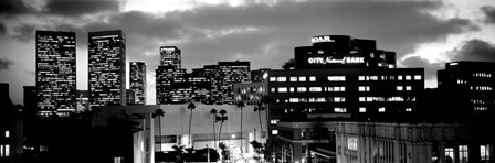 Building lit up at night in a city, Century City, Beverly Hills, California by Panoramic Images art print