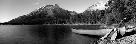 Canoe in lake in front of mountains, Leigh Lake, Rockchuck Peak, Teton Range, Wyoming by Panoramic Images art print