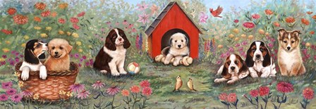 Puppies And Doghouse Border by Judy Mastrangelo art print