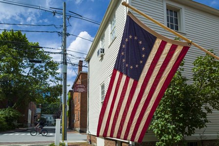 New Hampshire, Portsmouth, Strawberry Banke Historic Area, building with US flag by Walter Bibikow / Danita Delimont art print