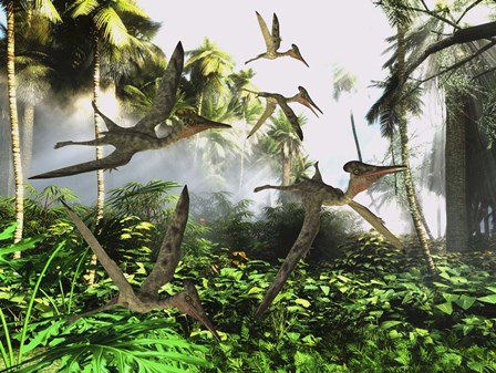 A flock of Pterodactylus reptiles fly over the jungle searching for their next meal by Corey Ford/Stocktrek Images art print