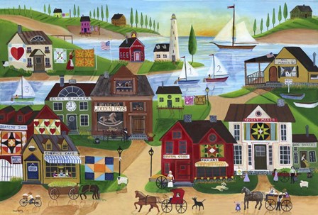 Seaside Village With Wooden Toy Maker Sail Boats by Cheryl Bartley art print