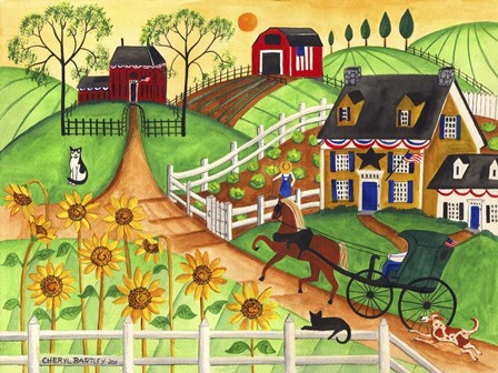 Country Sunflower Quilt Farm by Cheryl Bartley art print