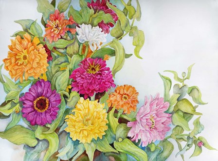 Festively Colored Zinnias by Joanne Porter art print