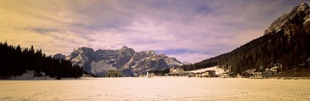 Frozen Lake with Town at Mountainside, Lake Misurina, Veneto, Italy by Panoramic Images art print