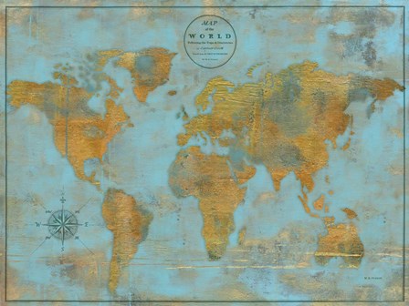 Rustic World Map Sky Blue by Marie-Elaine Cusson art print