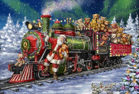 Santa Green /Red Train with toy bears by Marcello Corti art print