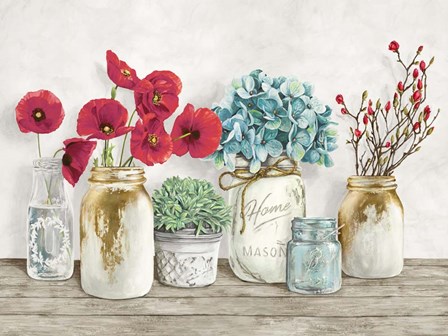 Floral Composition with Mason Jars by Jenny Thomlinson art print