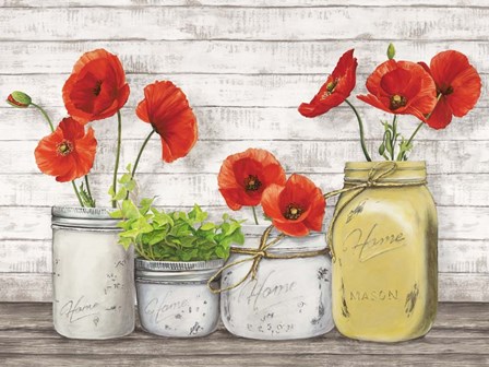 Poppies in Mason Jars (detail) by Jenny Thomlinson art print