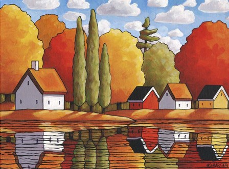 Fall Water Cabin Reflections by Cathy Horvath-Buchanan art print