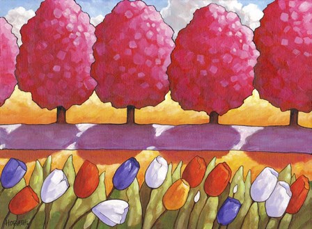 Pink Trees Path &amp; Tulips by Cathy Horvath-Buchanan art print