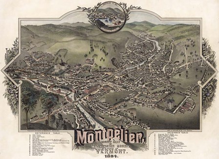 Map Of Montpelier Vt With Reference Table 1884 by Vintage Lavoie art print