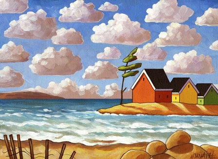 Waves and Colorful Cabins Beach by Cathy Horvath-Buchanan art print